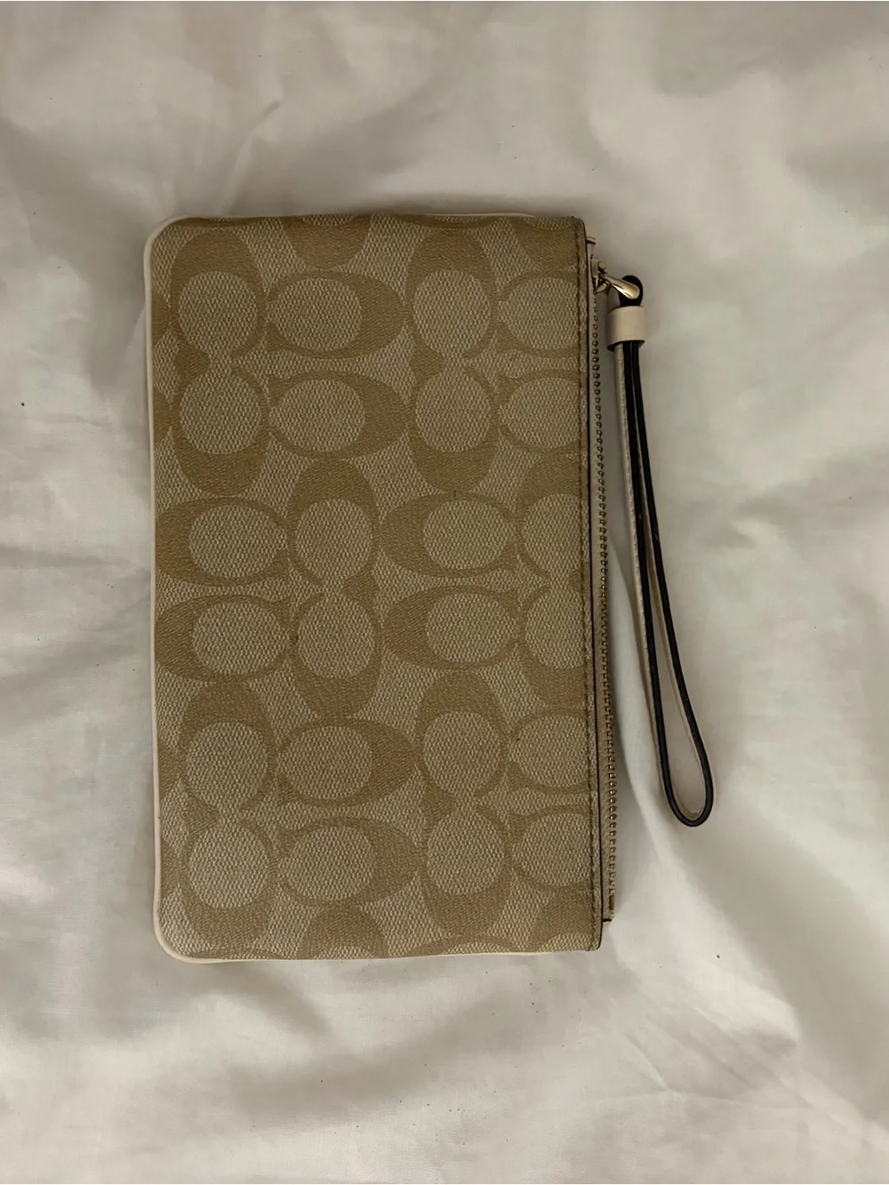 Coach Tan Signature Zip Wristlet with Gold Logo